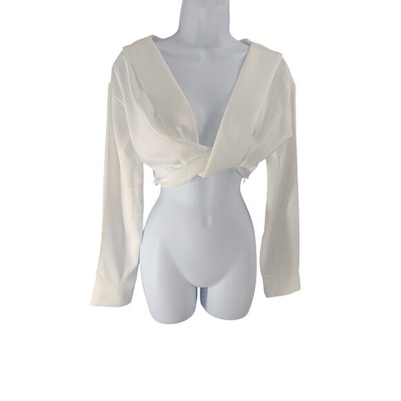 Pretty Little Thing White Satin Bardot twist front crop top women's blouse Sz 2 - Picture 4 of 12